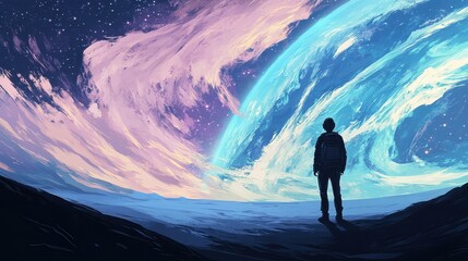 Wall Mural - silhouette observes giant planet and nebula from alien world