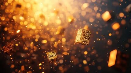 Leinwandbilder - Captivating golden cubes floating in a shimmering background of light particles and bokeh effects. Generative AI