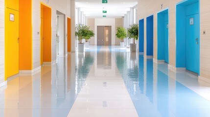  Colorful hallway interior, office building, plants, reflective floor, modern architecture