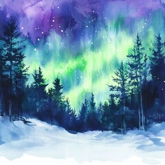 Poster - Mesmerizing northern lights illuminate a tranquil snowy forest in winter twilight. Generative AI