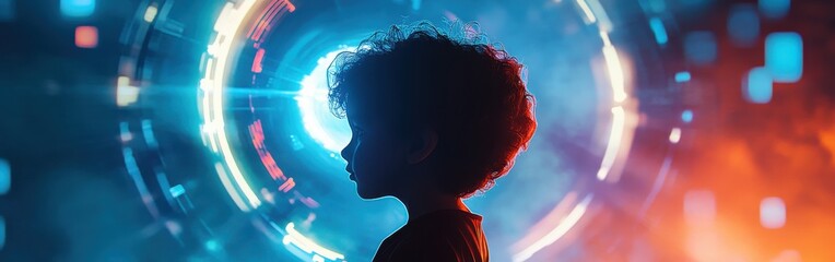 Aufkleber - Child glows amidst vibrant colors in an imaginative atmosphere at dusk