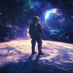 Wall Mural - astronaut standing on planet surface observes celestial bodies in space