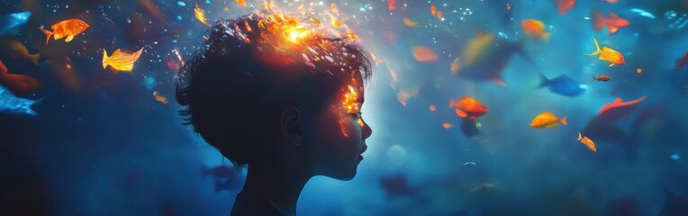 Aufkleber - Child glows with vibrant energy surrounded by colorful fish in an underwater dreamscape