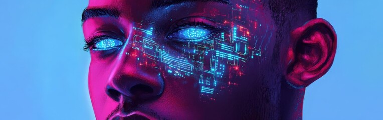 Poster - Vibrant digital portrait of a man with cybernetic facial elements in a futuristic setting
