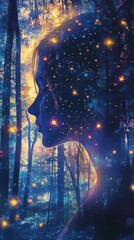 Poster - Silhouette of a woman surrounded by a starry night in a mystical forest