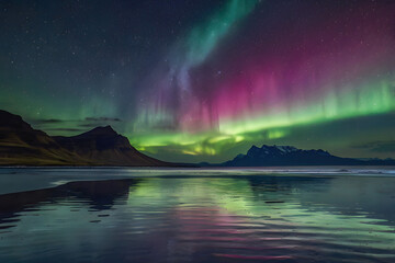 aurora northern lights in night sky with starry sky over arctic mountains reflecting on ice shore la