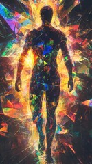 Leinwandbilder - Vibrant silhouette of a man illuminated with colorful reflections against a dark background during an artistic moment
