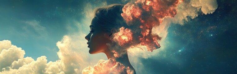 Poster - Surreal glowing woman surrounded by cosmic clouds at dusk evoking a sense of wonder and mystery