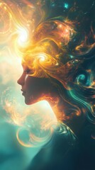 Poster - Surreal depiction of a glowing woman in a mystical setting reflecting inner light and cosmic energy