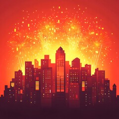 Wall Mural - Cityscape Fireworks Celebration Night Sky