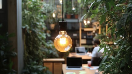 Aufkleber - Soft glowing vintage light bulb illuminates a workspace surrounded by lush greenery in a cozy atmosphere