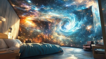 Wall Mural - Room interior featuring a captivating celestial galaxy themed wallpaper