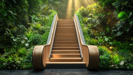 Wall Mural - wooden staircase surrounded by lush greenery and sunlight