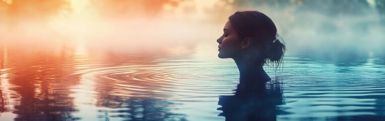 Aufkleber - Serene portrait of a woman glowing in tranquil water during golden hour at a misty lake