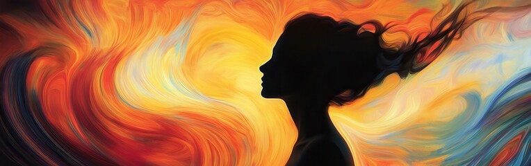 Poster - Portrait of a serene woman glowing against a vibrant background of swirling colors in a peaceful setting