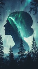 Poster - Woman's silhouette illuminated by northern lights against a dark forest backdrop at twilight