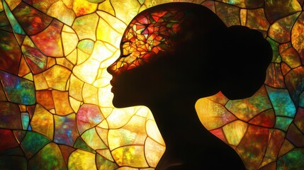 Poster - Woman's serene silhouette illuminated against a vibrant stained glass backdrop radiating mystical colors