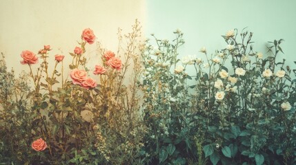 Aufkleber - Vibrant roses and wildflowers blooming against contrasting wall colors during daylight. Generative AI