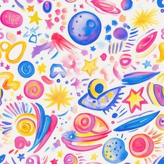 Poster - Colorful doodle cartoon watercolor design featuring whimsical celestial shapes and playful patterns in a vibrant scene