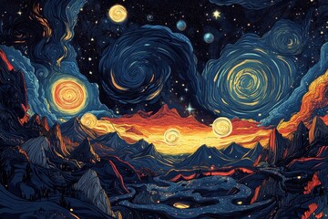 Sticker - Abstract painting of swirling night sky over mountainous landscape