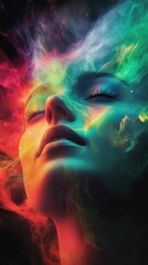 Poster - Mystical visualization of a woman's face surrounded by colorful cosmic elements at night