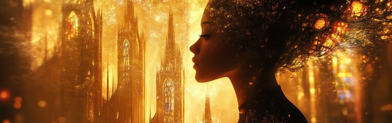 Poster - Mystical visualization of a woman's profile illuminated by golden light amidst an ethereal landscape