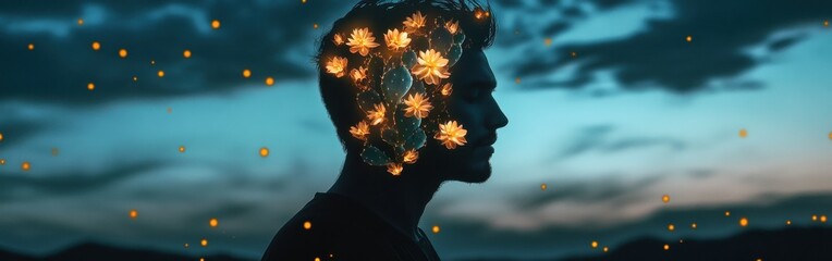Leinwandbilder - Mans silhouette intertwined with blooming flowers against a twilight sky filled with magical orbs