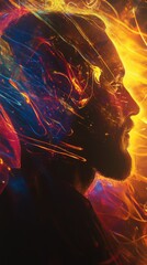 Poster - Mystical man’s profile illuminated by vibrant colors and swirling lights in an abstract setting