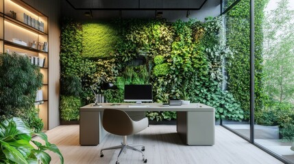 Poster - Calming home office featuring a lush green wall and modern desk design for enhanced productivity and relaxation