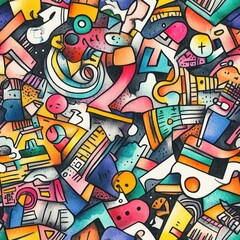 Fototapete - Dynamic doodle cartoon drawings in vibrant watercolor showcasing playful shapes and colors in a lively abstract arrangement
