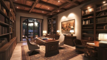 Poster - Cozy study with textured stucco ceiling inviting relaxation and focus in an elegant setting