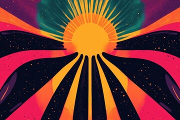 Wall Mural - Bright sun with rays radiating amidst colorful cosmic background