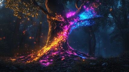 Aufkleber - Glowing tree radiating vibrant colors in an enchanted forest at twilight showcasing nature's magic and beauty