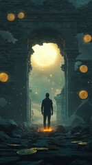 Poster - Man glowing with light stands in ancient ruins surrounded by floating coins at dusk capturing a moment of magic