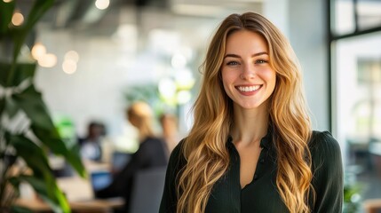 Poster - Cheerful businesswoman with long blonde hair smiling in a modern office environment during daytime