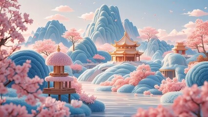 Wall Mural - Serene Asian temple, spring blossoms, misty mountains, peaceful scene