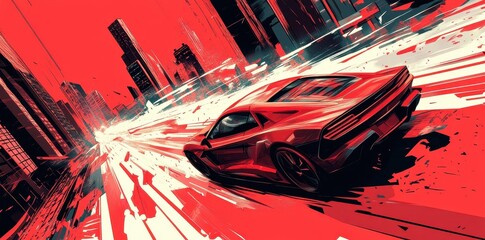 Wall Mural - Red sports car driving through a vibrant city landscape