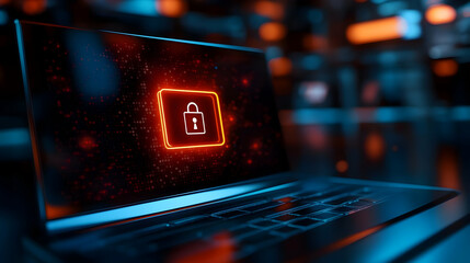A glowing padlock symbol on a laptop screen representing cybersecurity and protection.