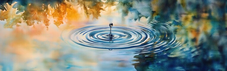 Poster - Close-up of a water droplet creating ripples in a serene pond with a watercolor background of soft colors