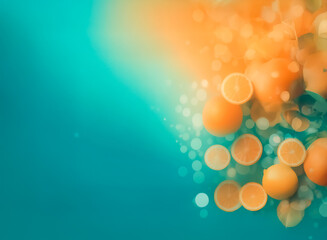 Wall Mural - bright oranges and citrus slices are scattered on a teal surface with bokeh lights, creating a fresh