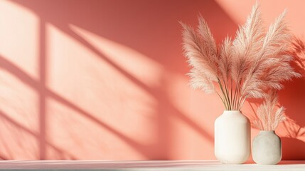 Wall Mural - Soft pastel coral and pink haze backdrop enhances elegant vase display with pampas grass, creating a serene and inviting atmosphere