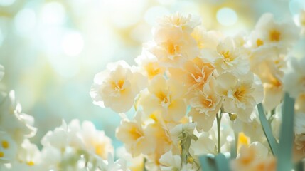 Aufkleber - Delicate white and yellow flowers surrounded by soft bokeh gradients in mint green and lemon hues