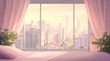 Wall Mural - Romantic view of a cityscape from a pastel toned bedroom