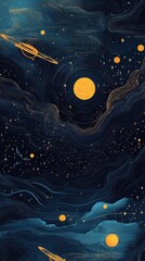Wall Mural - stylized cosmic illustration featuring planets stars and swirling patterns