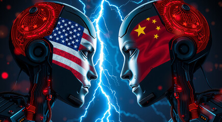 Artificial Intelligence Robots Representing U S and China with Lightning