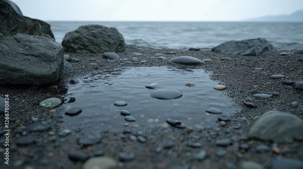 A rocky beach with a calm ocean in the background.