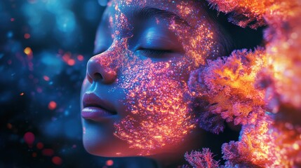 Aufkleber - Vibrant visualization of a child's face illuminated by colorful lights and textures resembling coral in an ethereal atmosphere