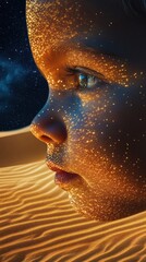 Aufkleber - Child's face illuminated with sparkling details against a starry sky during twilight in a desert setting
