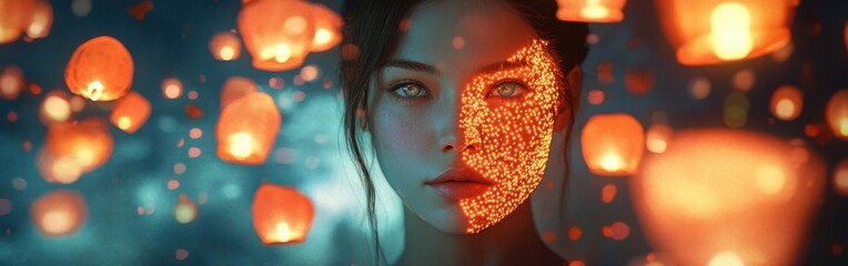 Aufkleber - Surreal visualization of a woman's face illuminated by glowing lanterns in a dreamlike atmosphere at twilight