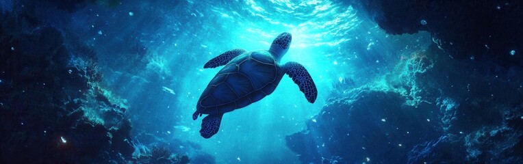 Aufkleber - Surreal visualization of glowing turtles underwater creating an enchanting ocean atmosphere